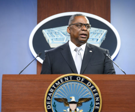 Secretary of Defense Lloyd J. Austin III briefs the press