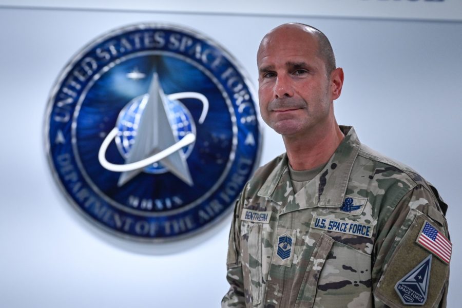 Chief Master Sgt. John F. Bentivegna stands in front of the U.S. Space Force Hallway after receiving news on his selection as the next Chief Master Sergeant of the Space Force, Pentagon, Arlington, Va., May 5, 2023.