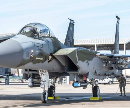 An F-15E from the 4th Fighter Wing at Seymour Johnson Air Force Base, N.C., decorated with a special paint job to honor the unit’s World War II heritages. Photo from Facebook/Seymour Johnson Air Force Base