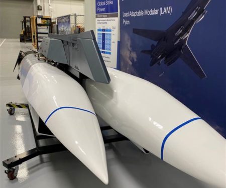 A model of the Boeing Load Adaptable Modular Pylon for the B-1 Lancer is displayed in Oklahoma City.