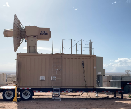 The Tactical High-power Operational Responder, or THOR, a high-powered microwave counter drone weapon, stands ready to demonstrate its effectiveness against a swarm of multiple targets at the Air Force Research Laboratory, or AFRL, Chestnut Test Site, Kirtland Air Force Base, N.M., April 5, 2023. AFRL completed a successful demonstration of THOR simulating a real-world swarm attack. This was the first test of this scale in AFRL history. U.S. Air Force photo / Adrian Lucero