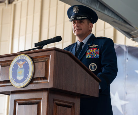 U.S. Air Force Brig. Gen. Christopher Amrhein, commander of Air Force Recruiting Service, speaks after taking command of AFRS during a change of command ceremony at Joint Base San Antonio-Randolph, Texas, June 2, 2023. U.S. Air Force Photo by Airman 1st Class Gabriel Jones