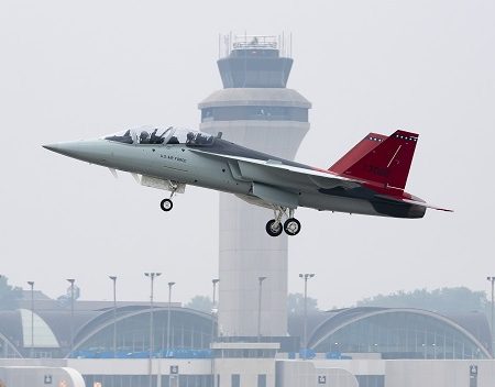 A production-representative T-7A advanced trainer flew June 28, 2023 with Air Force pilot Maj. Bryce Turner, director of the T-7 combined test force, at the controls.