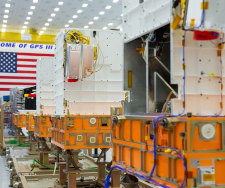 Lockheed Martin’s SDA Tranche 0 Transport Layer satellites are seen in one of its processing facilities.